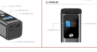 Anschlüsse und Bedienelemente der Powerbank