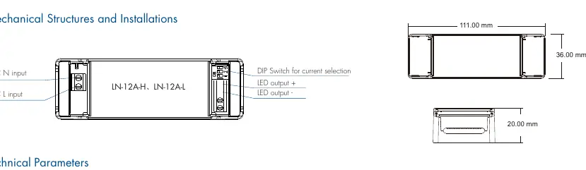 Mechanische Struktur und Anschlusspunkte des LED-Treibers.
