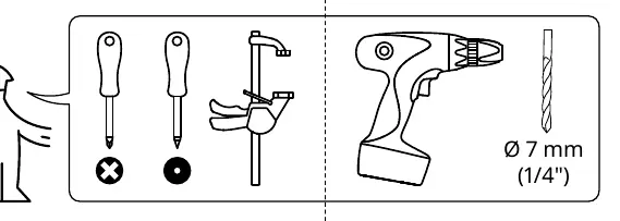 Benötigte Werkzeuge: Schraubendreher, Schraubzwinge, Bohrmaschine und 7 mm Bohrer.