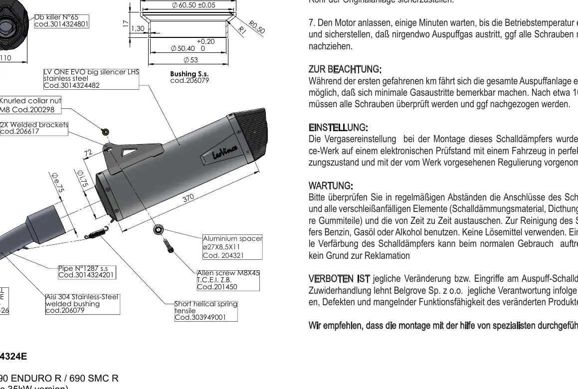 Technische Zeichnung und Explosionsansicht des Auspuffsystems