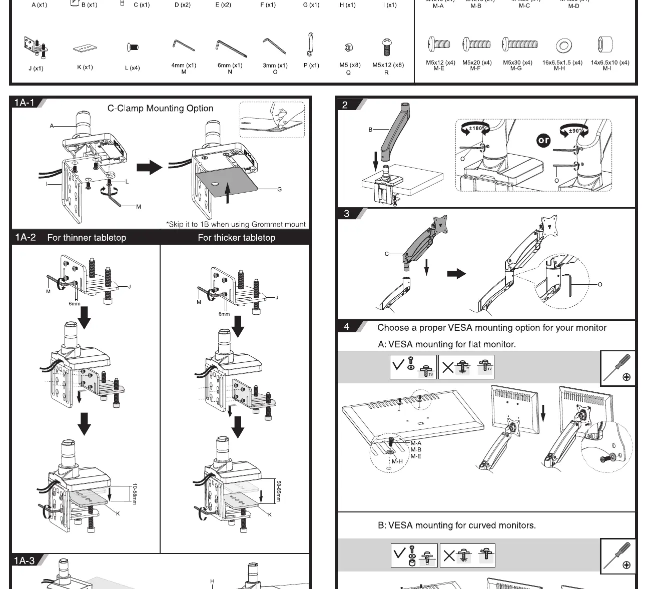 Übersicht der mitgelieferten Montageteile und schrittweise Anleitung zur Befestigung der Monitorhalterung am Schreibtisch sowie zur Montage des Monitors mittels VESA-Platte.
