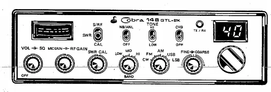 Frontpanel des Cobra 148GTL-DX mit allen Reglern und Anzeigen