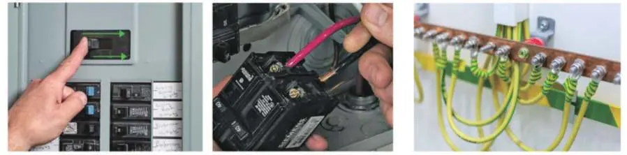 Schritte zur elektrischen Installation: Abschalten des Stroms, Verkabelung am Schutzschalter und Erdungsanschluss.