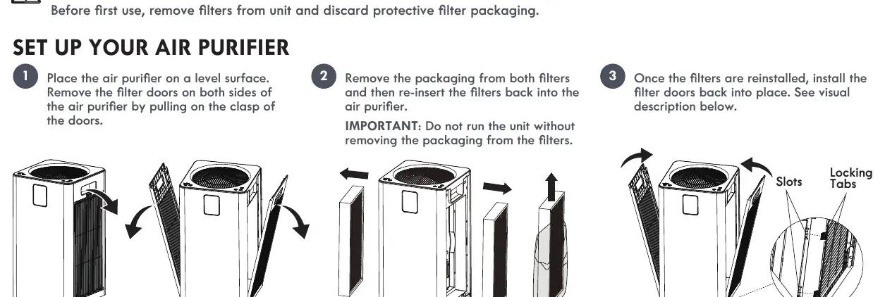 Schritte zur Vorbereitung der Filter und Aufstellung des Geräts.