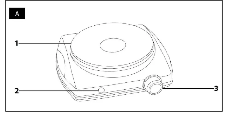 Diagramm der Kochplatte: 1. Kochplatte, 2. Kontrollleuchte, 3. Temperaturregler