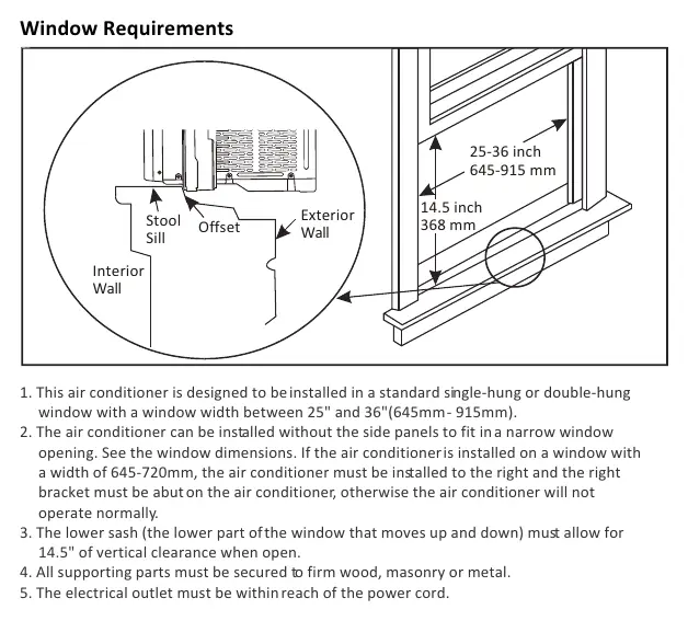 Anforderungen an die Fensteröffnung für die Installation des Klimageräts