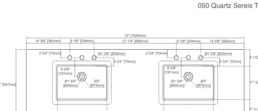 Maßzeichnung für 050 Quartz Serie Arbeitsplatten