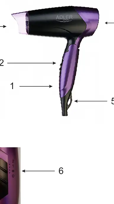 Diagramm des Haartrockners mit Bedienelementen