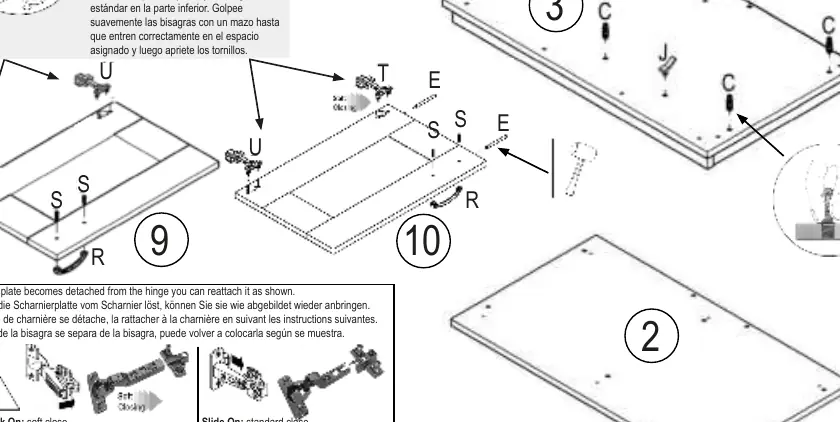 Scharnier-Montage: Soft-Close oben, Standard unten.
