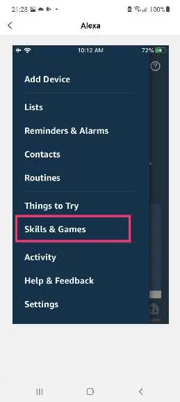 Alexa App Menü zur Skill-Auswahl