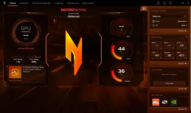 NitroSense Hauptbildschirm