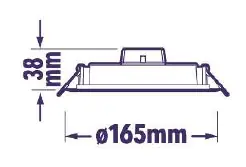 Maßzeichnung des Downlights (165mm Durchmesser, 38mm Höhe)