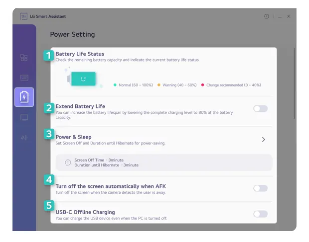 Energieeinstellungen in LG Smart Assistant