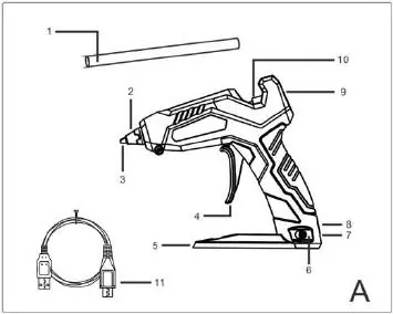 Diagramm A: Bauteile der Klebepistole