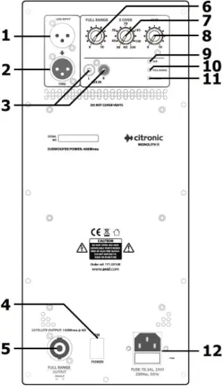 Rückseite des Subwoofers mit Anschlüssen und Bedienelementen