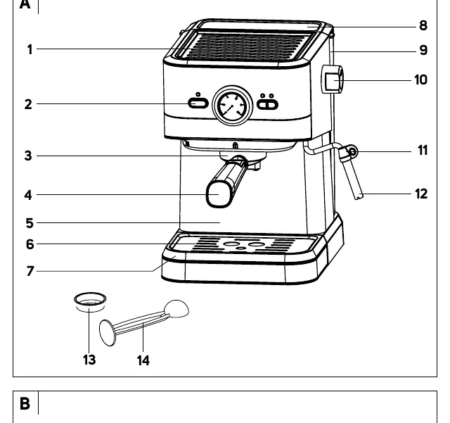 Diagramm der Kaffeemaschine (Teile A1-A14)