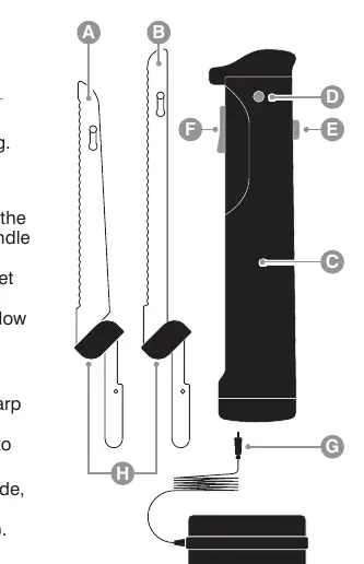 Diagramm der Komponenten: A/B Klingen, C Ladeanschluss, D Entriegelungstasten, E Sicherheitsschalter, F Auslöser, G Ladekabel, H Sicherheitsgriffe.